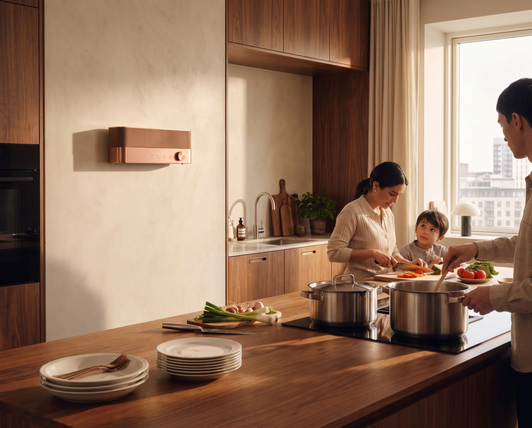Radio* in a kitchen, a hand reaching toward one of its buttons